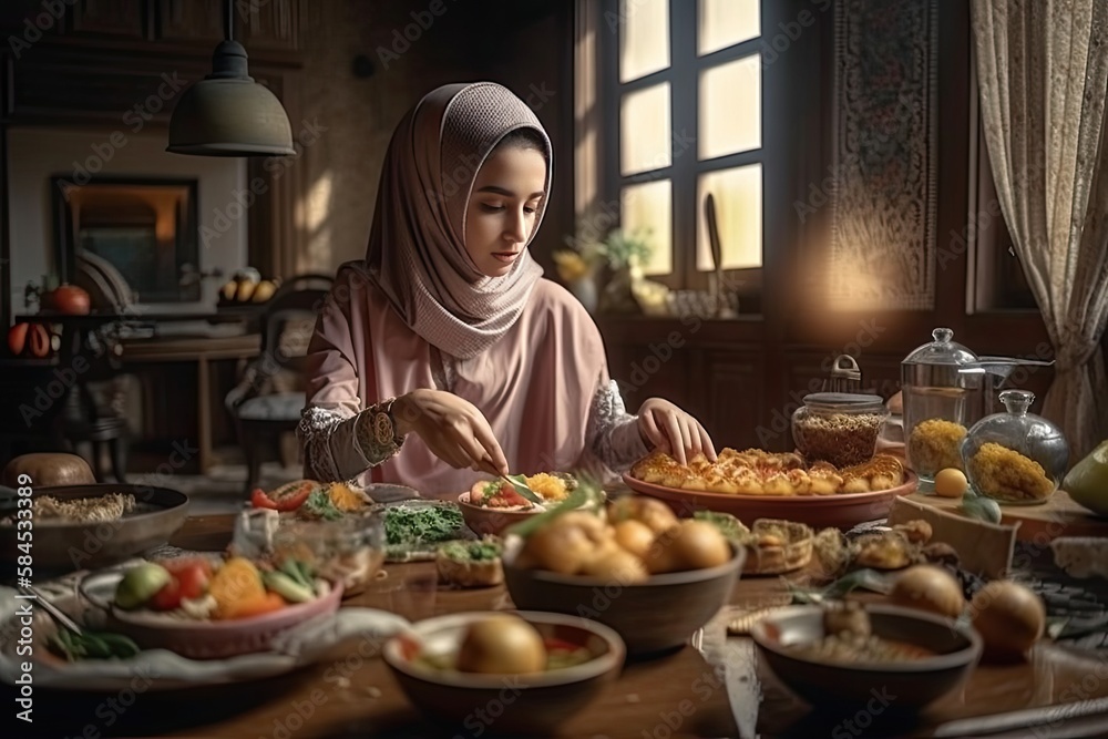 Woman preparing delicious Ramadan Ifrar meal in her kitchen, Muslim Arabic tradition - generative ai