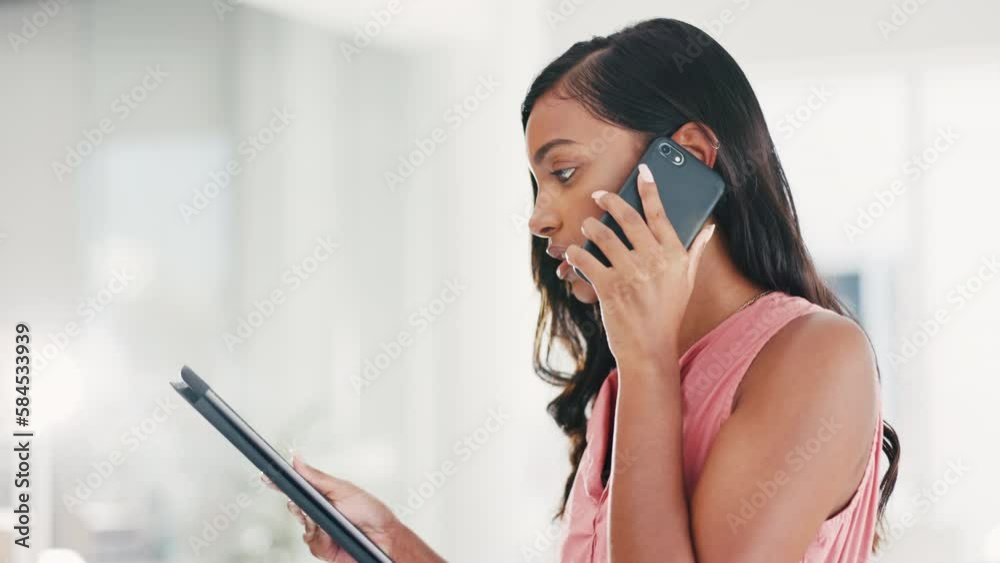 Stress, frustrated and woman on a phone call with tablet for mistake, online error and fail in office. Corporate, communication and angry Indian female worker with digital tech in serious discussion