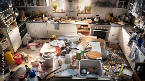 A very messy and dirty kitchen that needs cleaning. An absolutely untidy disaster. (generative AI)
