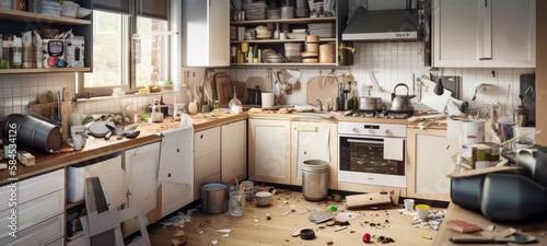 A very messy and dirty kitchen that needs cleaning.  An absolute untidy disaster! 21:9 aspect ratio (generative AI)	 photo