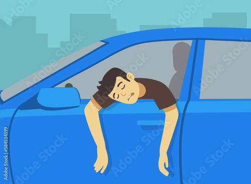 Close-up of drunk driver leaning out of the car window. Character's arms hangs down from open window. Side view. Flat vector illustration template.