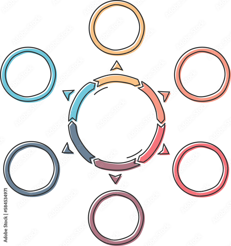 Doodle circle diagram with six elements with place for icons and text, handdrawn infographic template Doodle circle diagram with six elements with place for icons and text, handdrawn infographic template