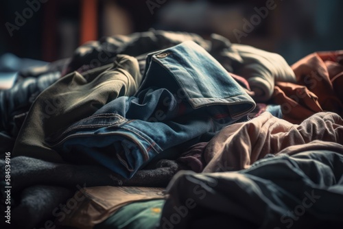 Used clothes in dump, Fast fashion, Sustainability, pile of used clothes on a light background. Second hand for recycling. Generative AI © nishihata
