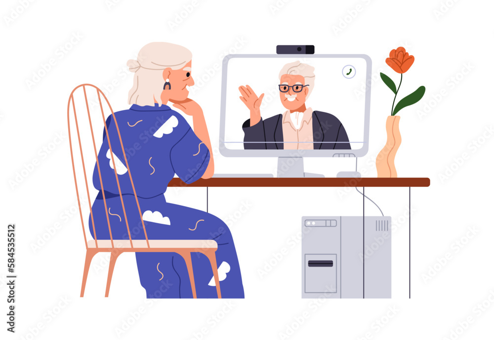 Senior love couple, online video conference call. Old woman and man talking through internet. Elderly romantic wife and husband at remote date. Flat vector illustration isolated on white background Senior love couple, online video conference call. Old woman and man talking through internet. Elderly romantic wife and husband at remote date. Flat vector illustration isolated on white background