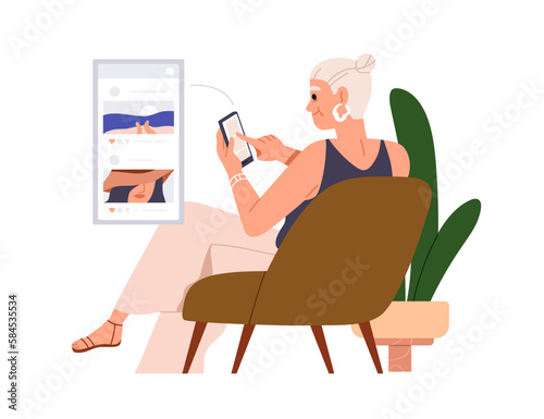 Senior woman surfing online, social media network. Old lady using internet on mobile phone. Modern elderly female holding smartphone in hand. Flat vector illustration isolated on white background