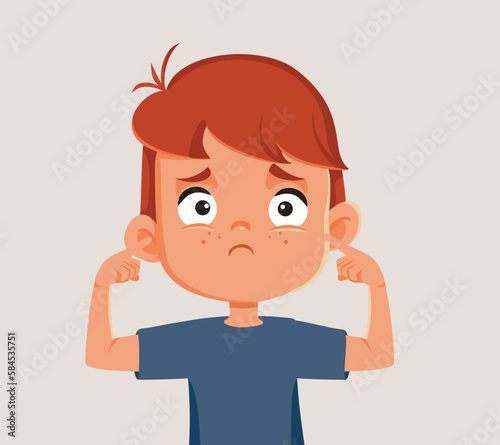 Unhappy Boy Covering his Ears Feeling Stressed Out Vector Illustration. Child ignoring loud sounds feeling sensorial overwhelmed 
