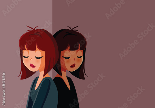 Sad Depressed Woman Feeling Sorrowful and Unhappy Vector Illustration. Depressive person having dark thoughts of regret and melancholia 
