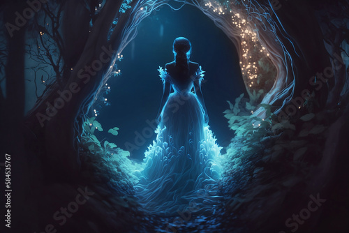 ethereal woman in long dress in fantasy landscape