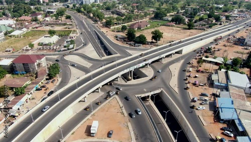 Modern highway interchange and crossroads in Yola Town, Adamawa State, Nigeria - aerial orbit photo