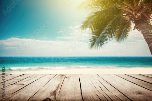 A wooden table product display with a summer vacation, holiday background of a tropical beach, blue sea, white clouds, green palm tree leaves. Generative AI