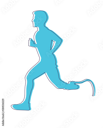The silhouette is colored and the silhouette line is dark. A young man with a prosthetic leg is jogging. 