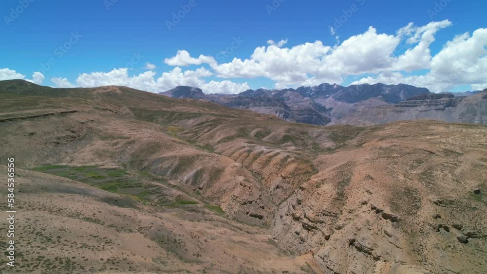 Beautiful desolate landscape in the Himalayan Mountains of Spiti Valley India on a sunny summer day, aerial