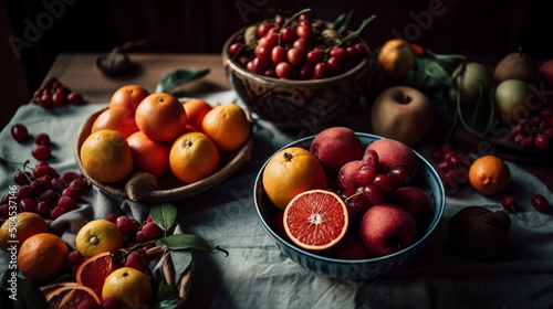 Summer Harvest - An Assortment of Fruits Staged Across an Aged Table and Linen  Oranges  Strawberries  Grapes  Cherries  Blueberries - Food Photography Aesthetic - Generative AI