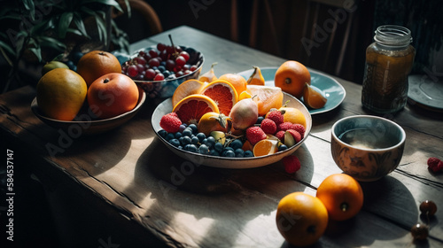 Summer Harvest - An Assortment of Fruits Staged Across an Aged Table and Linen  Oranges  Strawberries  Grapes  Cherries  Blueberries - Food Photography Aesthetic - Generative AI