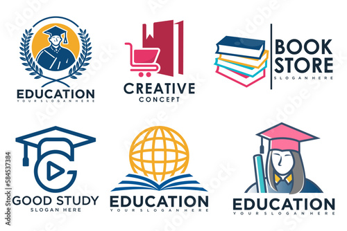 education and learn logo set,university and school book,graduate hat and student .Teaching symbols