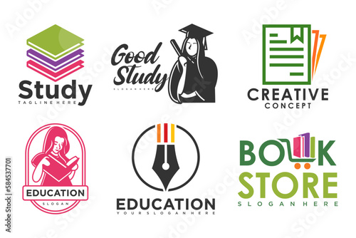 education and learn logo set.school book,graduate hat,pen,book store and student.Teaching symbols