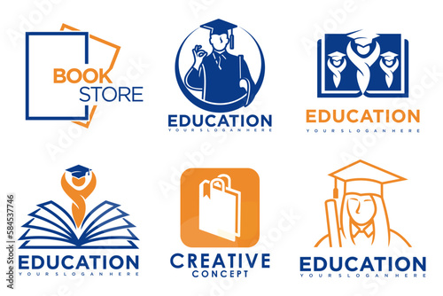 education and learn logo set.school book,graduate hat,book store and student.Teaching symbols