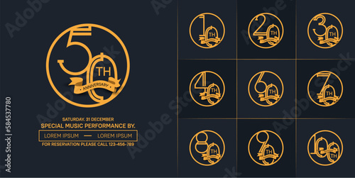 set of anniversary logotype golden color in circle and ribbon for special celebration event