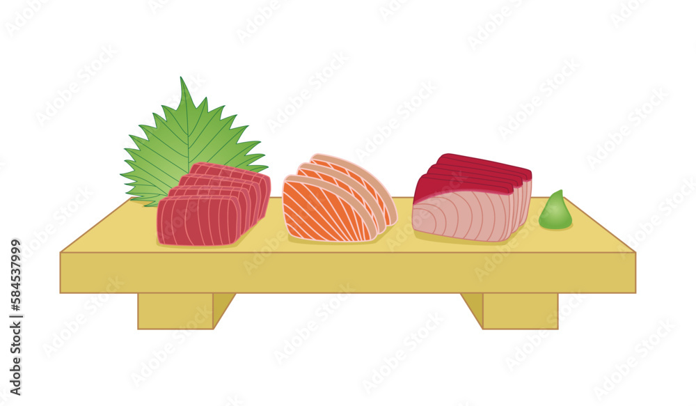 Fototapeta premium Japanese sashimi 3 kinds of fishes serve in Japanese wooden sushi plate with wasabi and decoration with green leaf drawing in cartoon vector