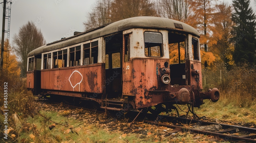 abandon rusting ancient discharge old train in autumn forest, Generative Ai
