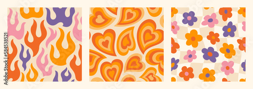 Groovy Seamless Patterns Set with Flame, Daisy Flowers and Hearts . Psychedelic Abstract Vector Backgrounds