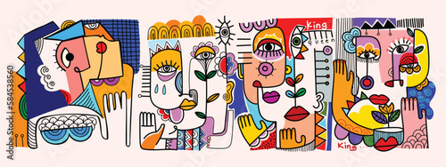 Set of colorful abstract face, decorative, line art, doodles hand drawn vector illustration.