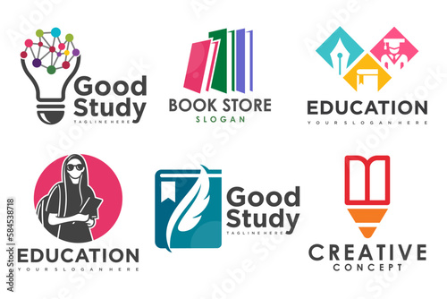 education and learn logo set.school book,graduate hat,lamp,book store and student.Teaching symbols
