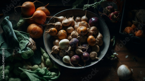 Vegetable Harvest - An Assortment of Vegetables and Healthy Foods Laid Across an Aged Farmhouse Table, Carrots, Peppers, Tomatoes, Greens, Food Photography Aesthetic - Generative AI