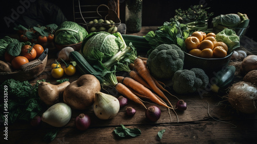 Vegetable Harvest - An Assortment of Vegetables and Healthy Foods Laid Across an Aged Farmhouse Table  Carrots  Peppers  Tomatoes  Greens  Food Photography Aesthetic - Generative AI