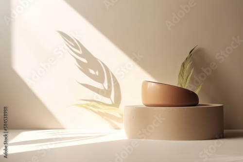 Blank beige brown cement curve counter podium with texture, soft beautiful dappled sunlight, leaf shadow on white wall for luxury organic cosmetic, skincare, beauty treatment, Generative AI