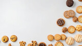 Banner with cookies. Copy space, top view, background. Generative AI.
