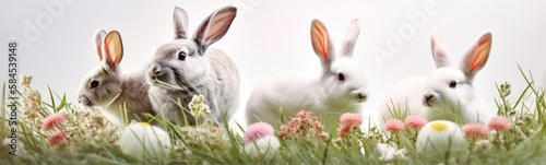 Bunnies with Easter Eggs and Flowers Banner Background