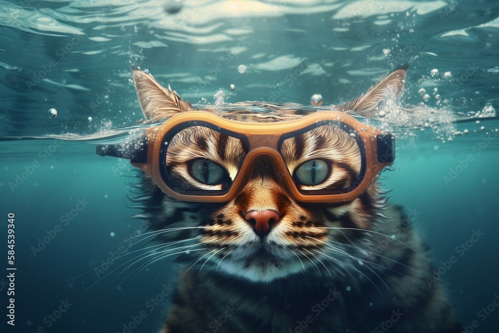The cat is snorkeling. Cat in a mask for swimming under water. AI