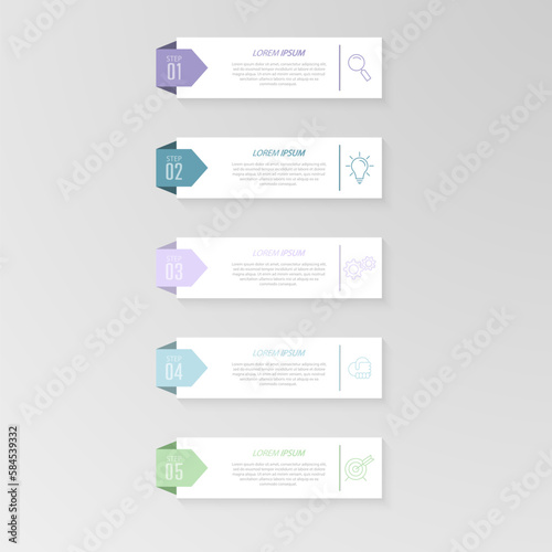 Infographics. 5 stages of development, marketing, workflow or plan. Business strategy with icons. Report and statistics diagram