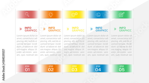 Business infographics. 5 stages of achieving the goal. Stages of the workflow, development, marketing, plan or training. Business strategy with icon icons. Report or statistics schema.