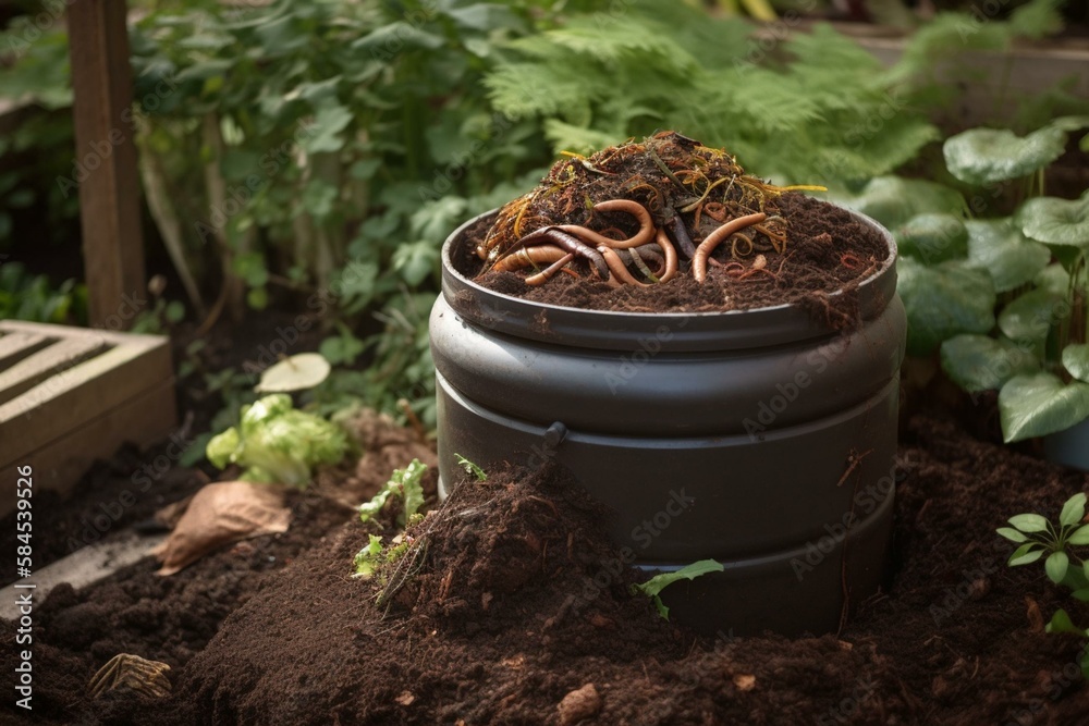 Earthworms and compost bin. Worm composting is using worms to recycle