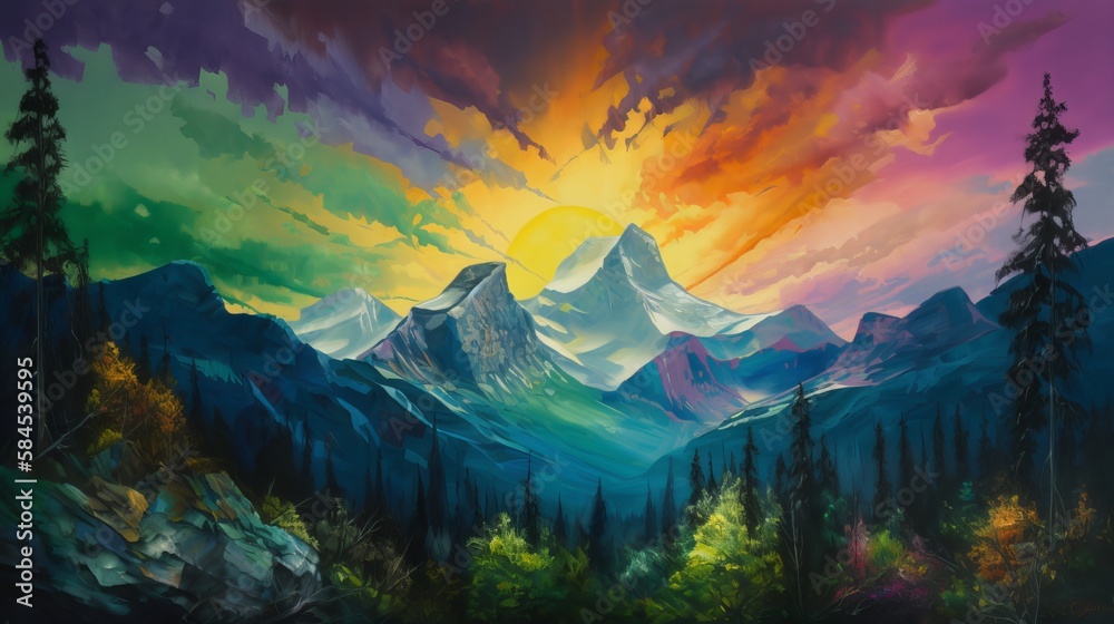 sunset over landscape oil painting with giant snow covered mountain in the background - Generative AI