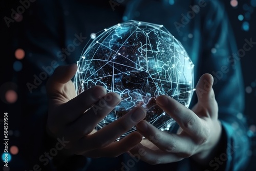 Hands Holding Globe with Connecting Lines. Global Connectivity Concept. Generative Ai.