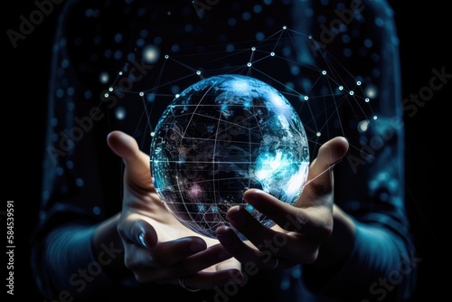 Hands Holding Globe with Connecting Lines. Global Connectivity Concept. Generative Ai.