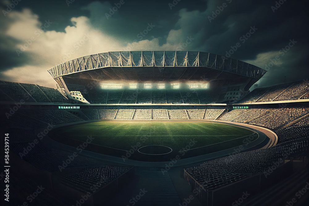Football stadium with dramatic sky. Stadium design. Green grasses