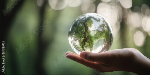 Hand Holding Crystal Ball with Forest Inside it. 