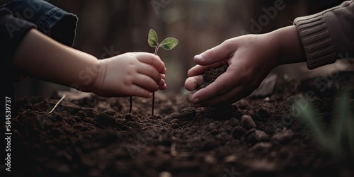 Hands of Father and Son Planting a Tree.