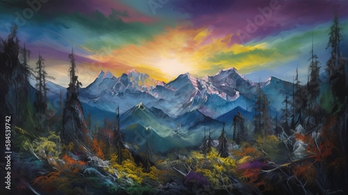sunset over landscape oil painting with giant snow covered mountain in the background - Generative AI © ImageMaster