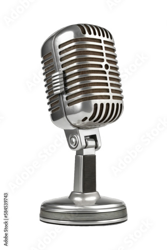 Silver mic. Retro style microphone isolated on transparent background. Vintage microphone.