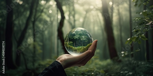 Hand Holding Crystal Ball with Forest Inside it. 