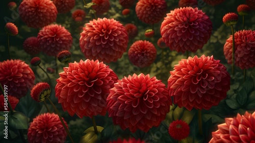 Red Dahlia Flowers Background, Image Ai Generated