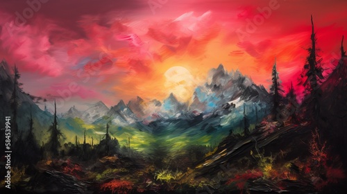 sunset over landscape oil painting with giant snow covered mountain in the background - Generative AI