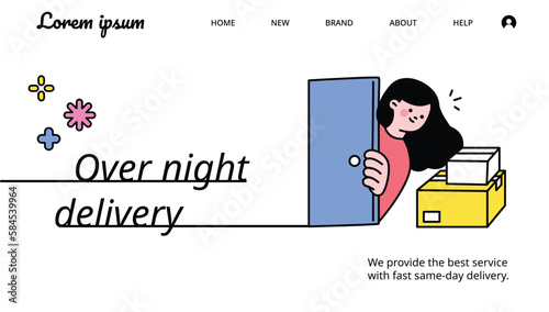 shopping. A webpage template for an overnight courier event. A woman opens the door and sees that a package has arrived.