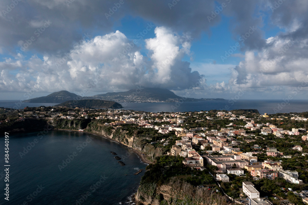 Aerial view of colourful fishermen's houses, on Procida Island, Bay of Naples, Italy.