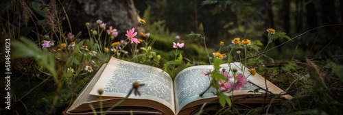 A book in the meadow with flowers on top of it  World Book Day concept. Generative Ai.